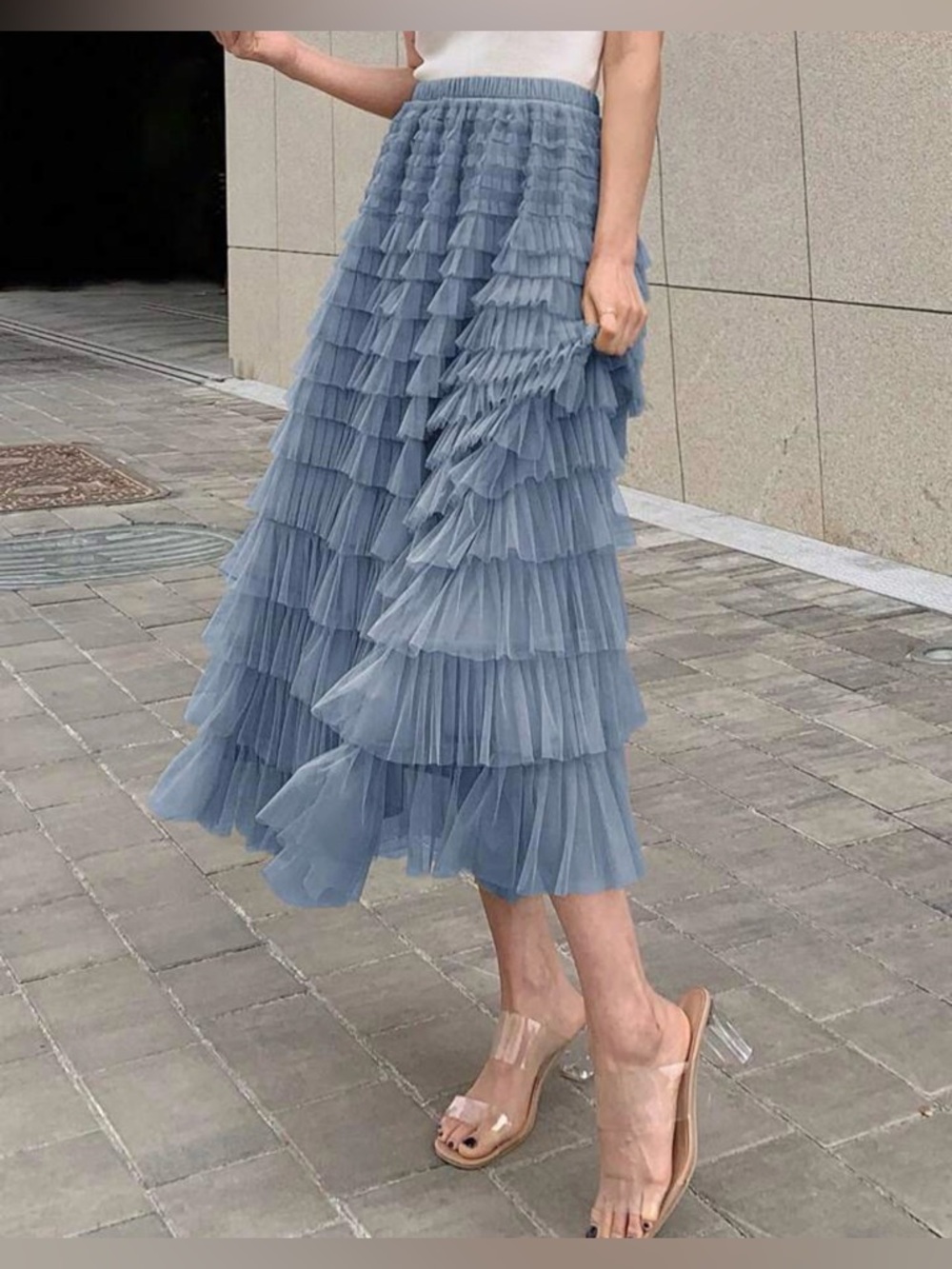 Tiered Ruffle Midi Skirt one size grey solid mesh layer hem skirt carry Bradshaw